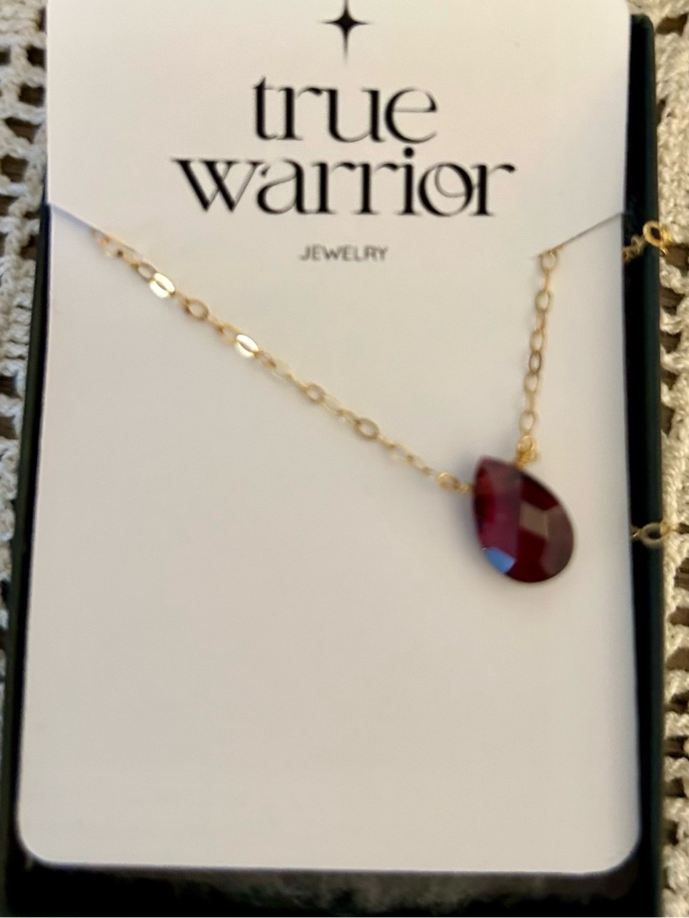 Gold Necklace with Deep Red Teardrop Pendant